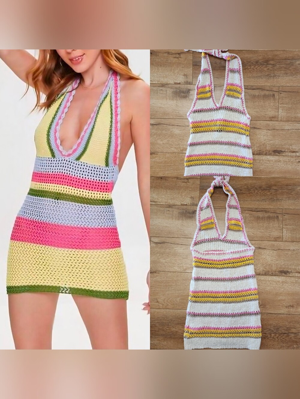 Forever 21 Crochet Halter Sleeveless Mini Dress Summer Coverup Sz S Open Back